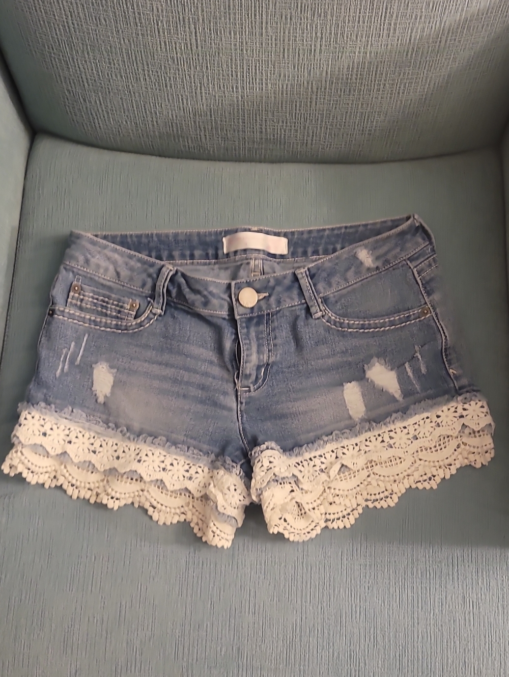 No Boundaries Light Blue Denim Shorts with White Lace Trim